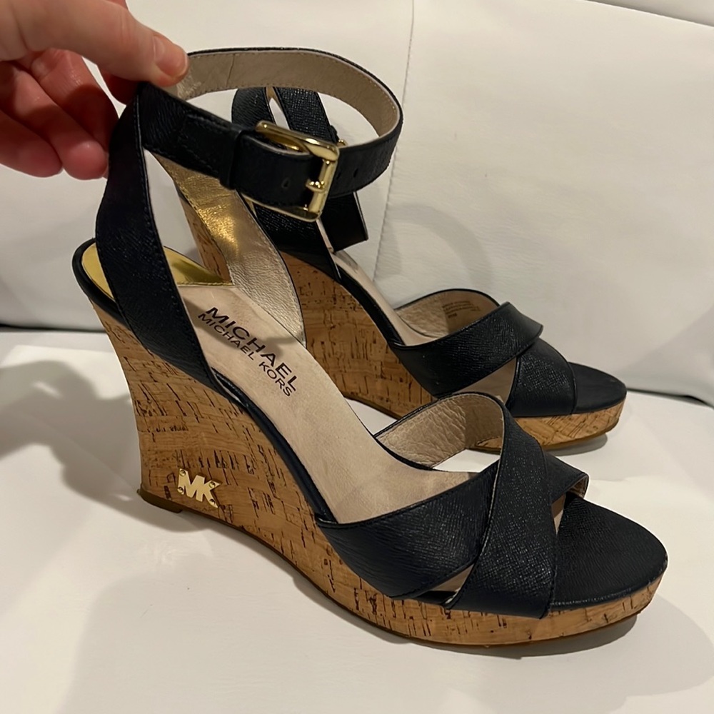 Michael Kors navy wedge healed ankle strap sandals